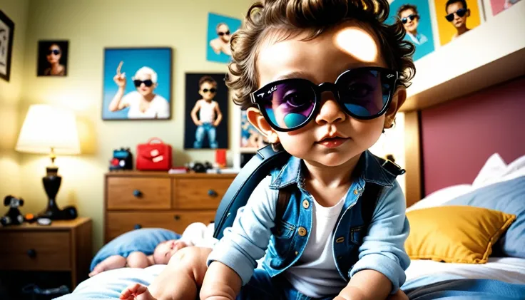 (style de film photo), cute little baby boy , sunglasses ray-ban, in her bedroom, study, 2d, colored, Ambiance chaleureuse, Glittering, Jean-Baptiste Monge style, in the way of&#39;Alan Lee