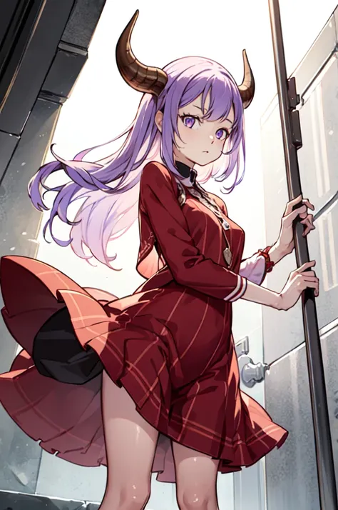 A woman with short red, purple, and white hair. Wearing a red and purple dress and has buffalo horns. 