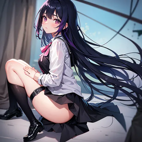 Girl with pink black and blue hair in a black school outfit