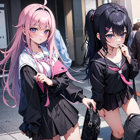 Girl with pink black and blue hair in a black school outfit