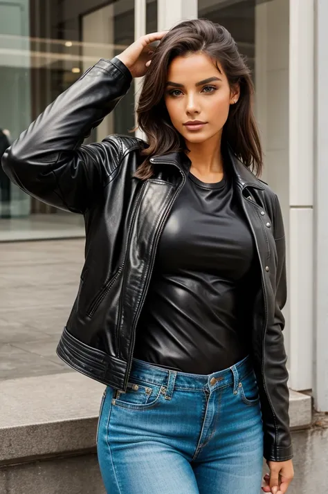 A beautiful lady wearing a leather jacket 