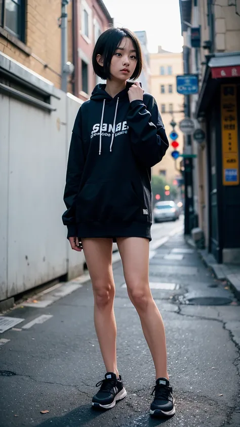 Short-haired beauty　whole body　Chinatown　Black Hair、Brown eyes　Black hoodie　Black sneakers　