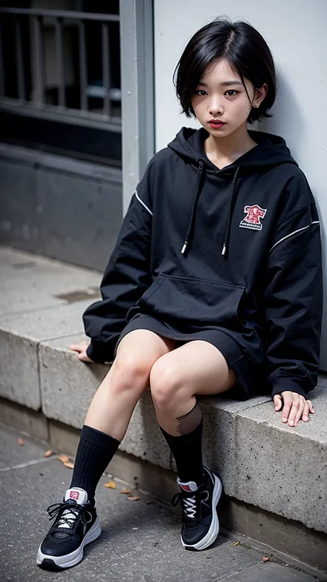 Short-haired beauty　whole body　Chinatown　Black Hair、Brown eyes　Black hoodie　Black sneakers　