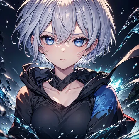 ((((inflammation))))　(((Gray Hair　Short Hair　blue eyes　female　Close-up)))，((night))，(Wearing a hood　Black camisole　Purple light)，　A tense look　Shining Background　Shining Edge