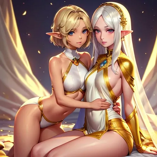 The elf is very beautiful, her body is slim and toned, His skin and hair are white with gold tones., His eyes are golden with a beautiful shine., his countenance is very attractive, her hair short but well combed, Her legs are slim and toned and her hands ...