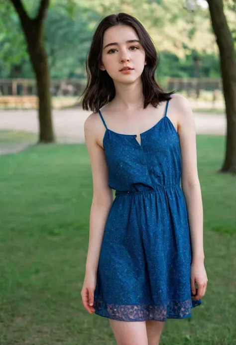 full body shot, 19 yrs old woman, 1.65m high, dark brown shoulder-length hair, open hair, a strand of hair on the face, brown eyes, standing, sandals, blue dress, perfect face, (Kontakt Iris: 1.1), pale skin, some skin blemishes, several birthmarks, skin p...