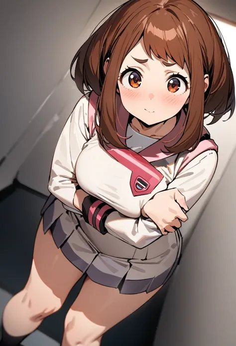 (masterpiece:1.2),(best quality:1.2),(masterpiece, best quality, ultra-high resolution), (1girl), (1 character), (Ochako Uraraka), (UA School uniform), (White background), (No background), (1 angle), natural pose, Standing