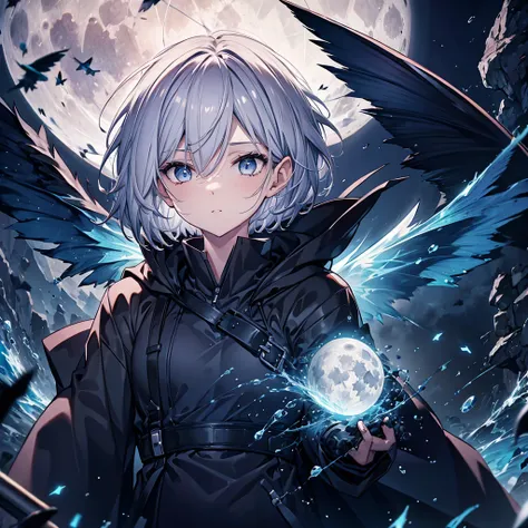 ((((grim Reaper　inflammation))))　(((Gray Hair　Short Hair　blue eyes　female　Close-up)))，((night　full moon　My own big wings))，(Wearing a hood　Black camisole　Purple light)，　A tense look　Shining Background　Shining Edge