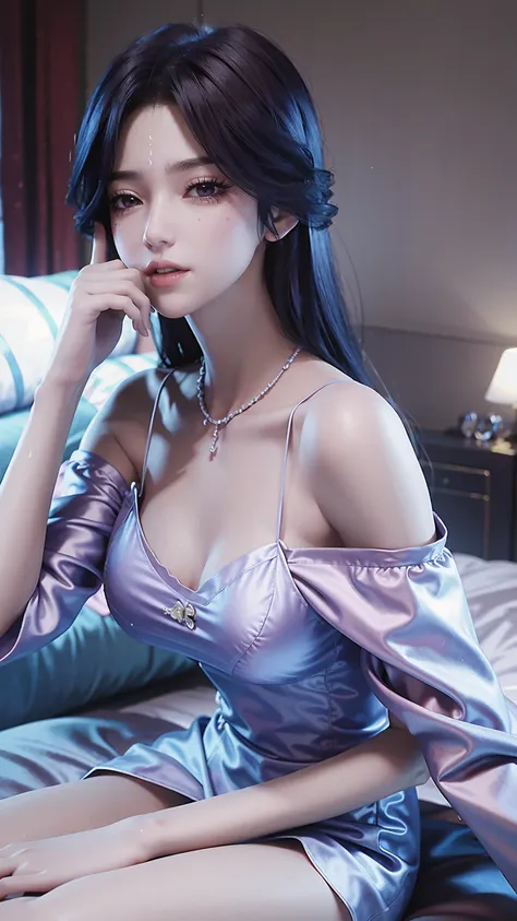 一个女孩lying in bed，dressed in suspender pajamas，face up，raise your legs slightly，front view super detailed beautiful big breasted ...