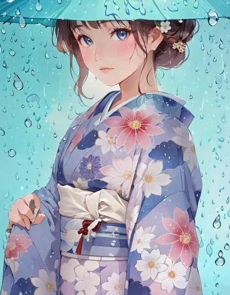 anime girl in blue kimono with flowers and raindrops, in kimono, in a kimono, inspired by shinsui ito, written by nobuzada yanag...