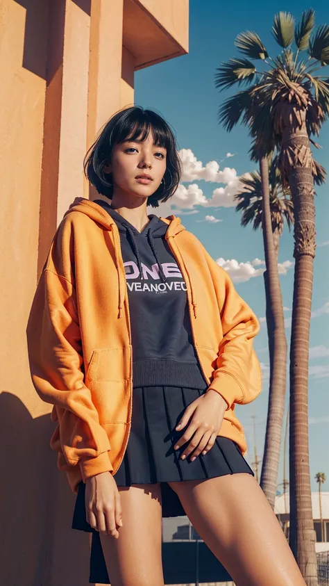 1 girl,looking at camera, wear ((orange color oversized hoodie)), (purple tennis skirt),Best Quality,Masterpiece,Ultra High Resolution,(Realisticity:1.4),Original Photo, 8k, light leak,dark intens shadow,ultra high resolution,UHD,beautiful, (black bob hair...