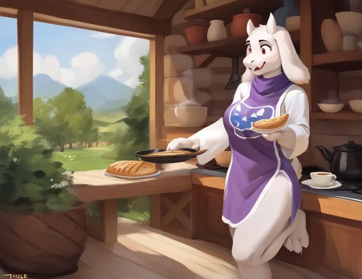 score_9, score_9_up, score_8_up, score_7_up, score_6_up, score_5_up, rating_safe, source_furry, anthro, toriel, solo, baking a p...