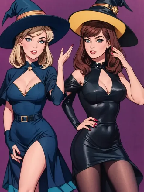 two fashionable young witch women posing for a picture, retro 60s girls fashion