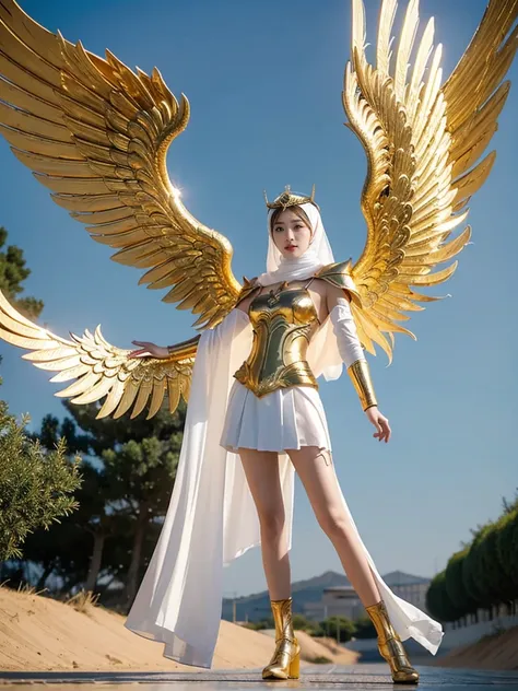 hd portrait, 8k, chinese cute teen girls dressed in white and gold with wings and a sword, (wearing hijab:1.2), (full iron golde...