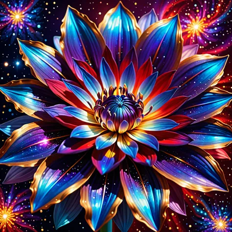 intricate 8k hyperrealistic highly detailed digital painting of a galaxy flower, petals with contrasting colors of blue, red, and purple, beautiful astral and fiery galactic background, golden hour lighting, magnificent iridescent shimmering effects, photo...