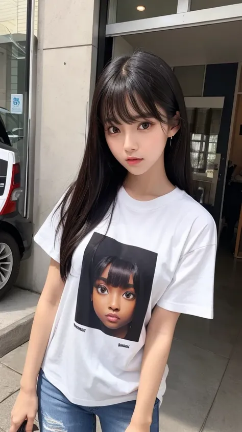 Beauty。Brown skin。Big eyes。Small Mouth。cheek。bangs。Black Hair。White T-shirt。jeans。