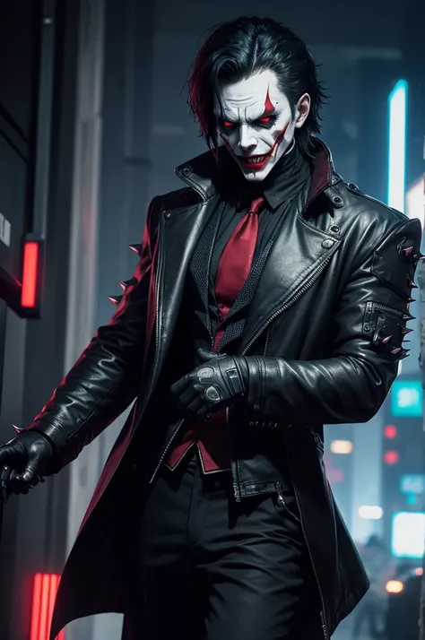 I want a cyberpunk style male character with evil eyes devil face mask with spikes joker outfit 