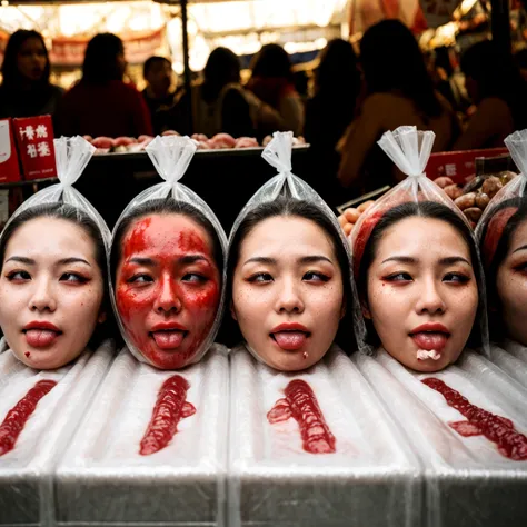 several decapitated heads of beautiful women in transparent plastic bags, on a table, in a public market, full of blood, blood f...