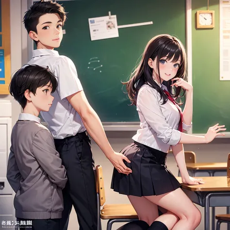 Highest quality,Highest quality,A female elementary school teacher in her 30s and a 6-year-old boy、The teacher is wearing a tight long skirt、The teacher hugs the boy from behind.、Put your hand in your crotch