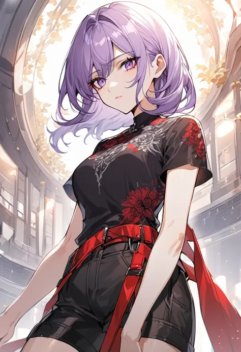 One a beautiful and calm woman, she has pale light purple hair mixed with dark purple hair at the ends of her hair, she wears black shorts and she wears a dark purple top with a red belt accessory with a death flower pattern. Manhwa style.