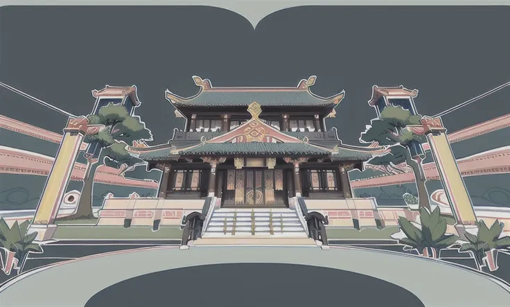 traditional chinese architecture"， historical palace exterior，overcast sky，ghibli style，