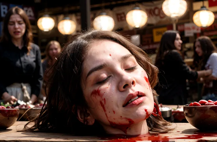 several decapitated heads of beautiful women, on a table, in a public market, full of blood, blood flowing, ((eyes closed)), ble...