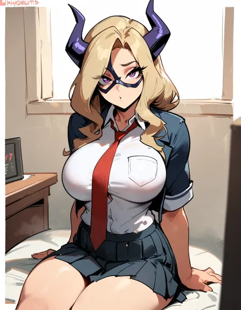 1girl, mount lady, boku no hero academia  masterpiece, best quality, very aesthetic, absurdres, newest  sportive body,    by dodok, nyantcha, cutesexyrobutts, by khyle ///// blonde, purple eyes,  (school uniform:1.2), skirt, , 24 years old, white backgroun...