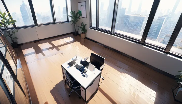 office，总裁的office，Floor-to-ceiling windows，A top-down view of the scene，