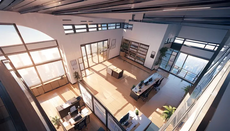 office，总裁的office，Floor-to-ceiling windows，A top-down view of the scene，