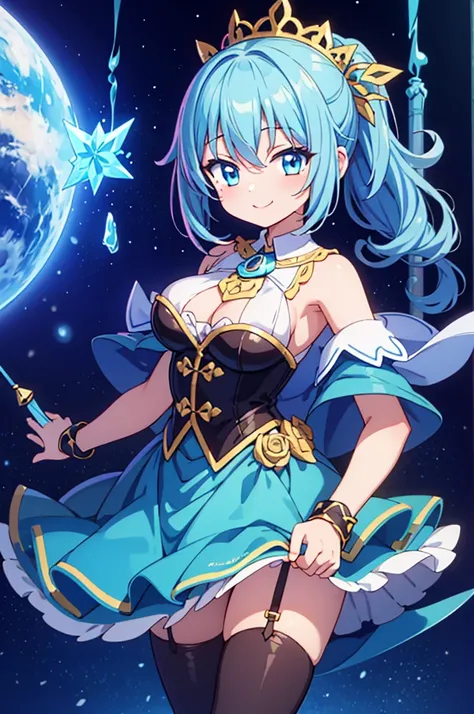 Fantasy,((Masterpiece)),((high resolution)),((Best Quality)),Anime illustration,((1girl)),(wavy hair),(short hair),(pale blue hair color),small ponytail,headband,Big, round, blue eyes,Droopy eyes,(child),12 years old,baby face and big breasts,(big breasts)...