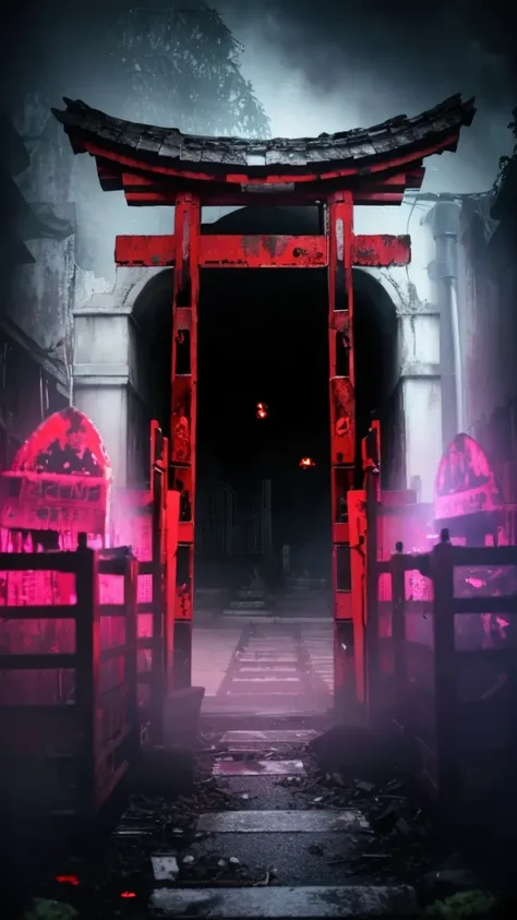 A creepy horror video of a broken vermilion torii gate, countless broken gravestones, and a dark, smelly atmosphere.