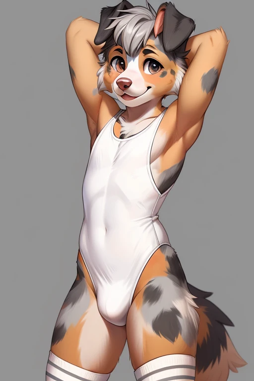 ((SFW)) ((Cute, furry, Australian Shepherd dog boy femboy wearing a white sleeveless leotard with a bulge, and light gray thigh-high socks, best quality)) ((hands behind head))