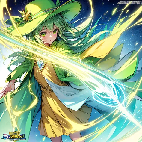 1girl、Dynamic composition、Yellow-green laser、(((Best Quality、Masterpiece、Official Art、Anime Style、The best dynamic composition、超detailed)))、Shine Muscat personification，Yellow-green hat and coat，Light soft color coat and hat，Super huge、detailed、whole body、