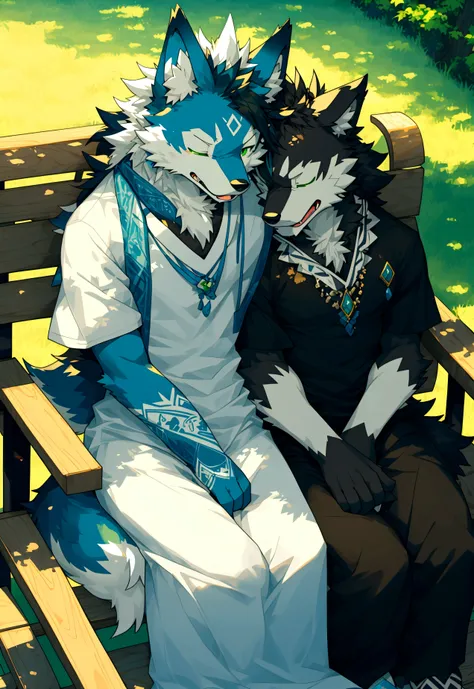 2 boy,A boy and a boy sIT on the bench at afternoon,summer,sunny,anthro wolf,black fur,white fur,green eyes,blue eyes,wolf tail,sleeping,expressionless,