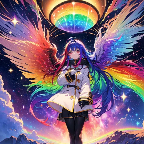 ((Fantasy　Rainbow Hair　Make your hair rainbow-colored on the inside　Long Hair　Dull red eyes　Have a galaxy　uniform　Put on a coat without putting your arms through it　Wings many times larger than me　Lonely　despair))　((Tears　gloves))　(Broken glass　Distorted S...