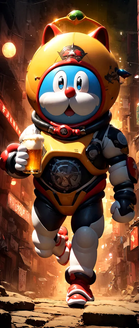 Doraemon，drink beer，Japanese anime style，Background of the future Japanese street，Wearing a futuristic space suit，Full beer glass，Japanese style，japonisme，realityDoraemon头像，reality