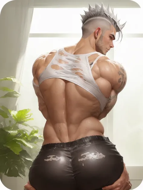 anime guy with a big ass showing off his muscles, muscular! white, back pose, muscular!!, gigachad muscular, super buff and cool, handsome anime pose, most strongest pose, full growth from the back, muscular character, muscular!, beefcake pose, with his ba...