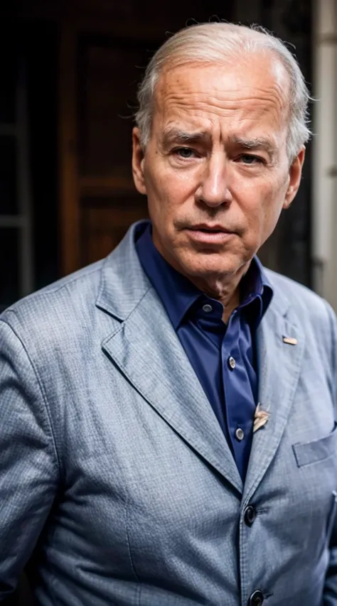 100 year old man, (Joe Biden), wrinkled face thin white hair, balding, frowning, sad, squinty grey eyes, wrinkled mouth and eyes , wearing an old torn suit coat, dirty tee shirt