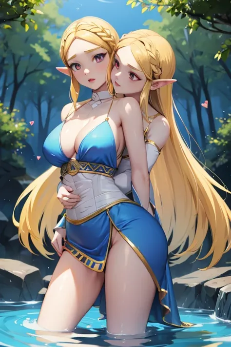 princess zelda, blonde very long hair, red eyes, wearing a sexy blue dress, side slit, ultrasharp, looking at the viewer, ((best quality)), ((masterpiece)), (detailed), perfect face, big breast, sexy body, sexy woman besides her, hugged, An anime scene of ...