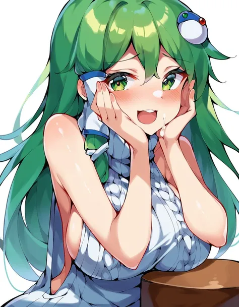 Expressive, score_9, score_8_up, score_9_up, Touhou, masterpiece, high quality, highly detailed, 1girl, kochiya sanae, solo, green hair, long hair, green eyes, long hair, big breasts, blush, round breasts,,,,,, frog hair ornament, hair tubes, snake hair or...