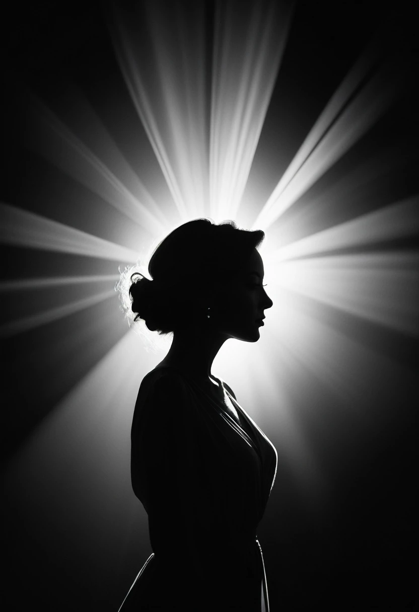 black and white, Candid silhouette of a woman, half body shot, whimsical photography style, captured with an Arriflex 35BL camera using Canon K25 prime lenses, cinematic, dramatic lighting, ultra clear, breathtaking surreal masterpiece.