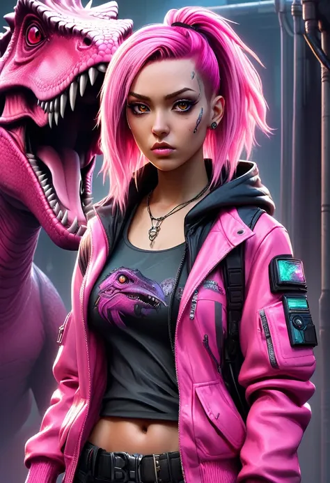 realistic horror anime style, cybergoth street fashion portrait, a young woman with hyper-realistic features and cyberpunk acces...