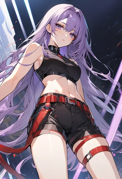 One a beautiful and calm woman, she has dark purple hair mixed with light purple hair at the ends of her hair, she wears black shorts and she wears a dark purple crop top with a red belt accessory. Manhwa style. 