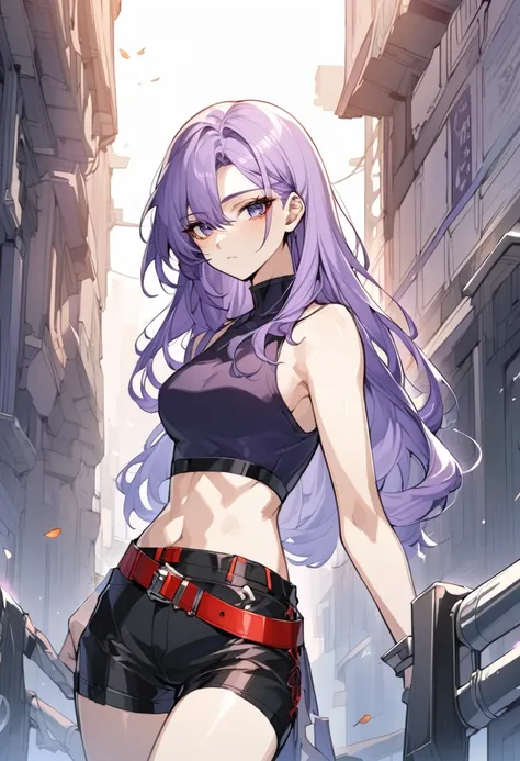 One a beautiful and calm woman, she has dark purple hair mixed with light purple hair at the ends of her hair, she wears black shorts and she wears a dark purple crop top with a red belt accessory. Manhwa style. 