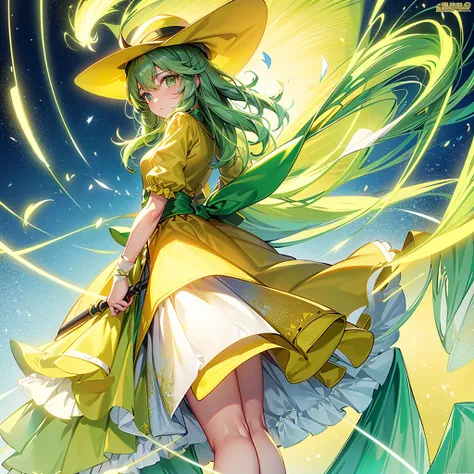 1girl、Dynamic composition、Yellow-green laser、(((Best Quality、Masterpiece、Official Art、Anime Style、The best dynamic composition、超detailed)))、Shine Muscat personification，Yellow-green hunting hat and coat，Light soft color coat and hat，Super huge、detailed、who...