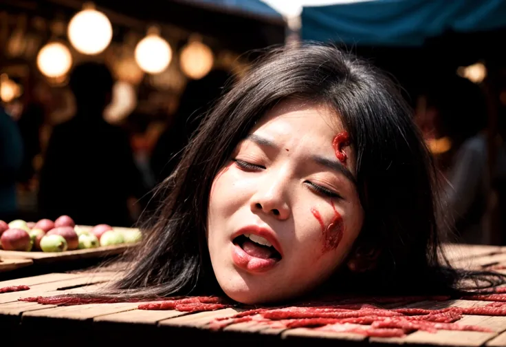 Human head being traded in a traditional market, on a top of table, human trafficking, bleeding, womans head, open mouth, ((eyes closed)), bleeding, photorealistic, 4K, Nikon, horror, public market, beautiful asian face