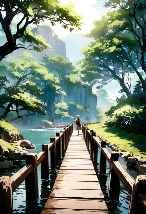 The young girl walked gracefully on the wooden bridge with a beautiful image.