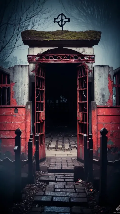 A creepy horror video of a broken vermilion torii gate, countless broken gravestones, and a dark, smelly atmosphere.