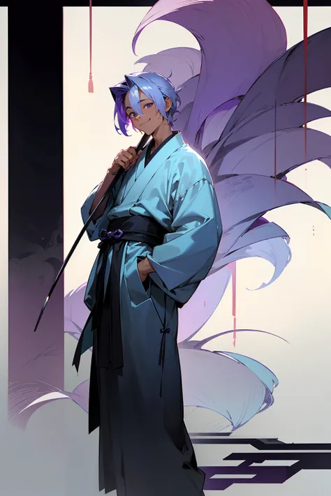 1male, tan skin, teenager, blind eyes, light blue hair, dark purple hair, half blue half purple hair,, smiling expression, open black and white ukata, old japanese background, , detailed background, detailed face, standing on path, hand to side