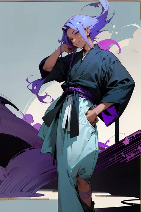 1male, tan skin, teenager, blind eyes, light blue hair, dark purple hair, half blue half purple hair,, smiling expression, open black and white ukata, old japanese background, , detailed background, detailed face, standing on path, hand to side